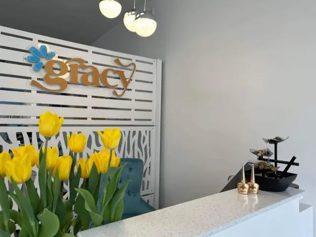Reception desk with tulips